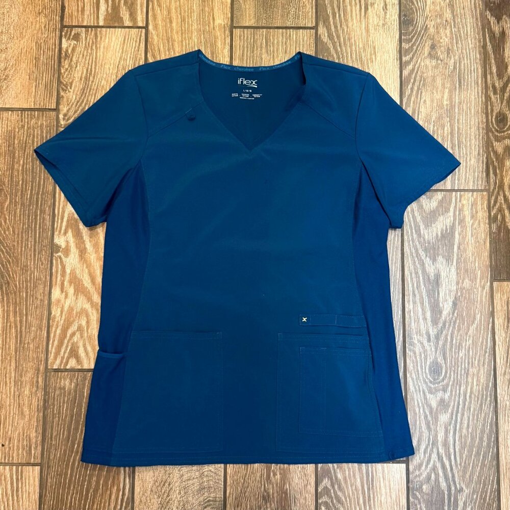 Cherokee iFlex Scrub Top Large Caribbean Blue